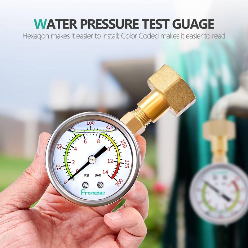 Pronese Stainless Steel Water Test Pressure Gauge Kit 2" Dial Size,Gauge+12" EPDM Rubber+1/4" LF Valve+1/4 to 3/4 Adapter,Lower Mount with Liquid Filled 0~200 PSI(Color Coded) - Image 3